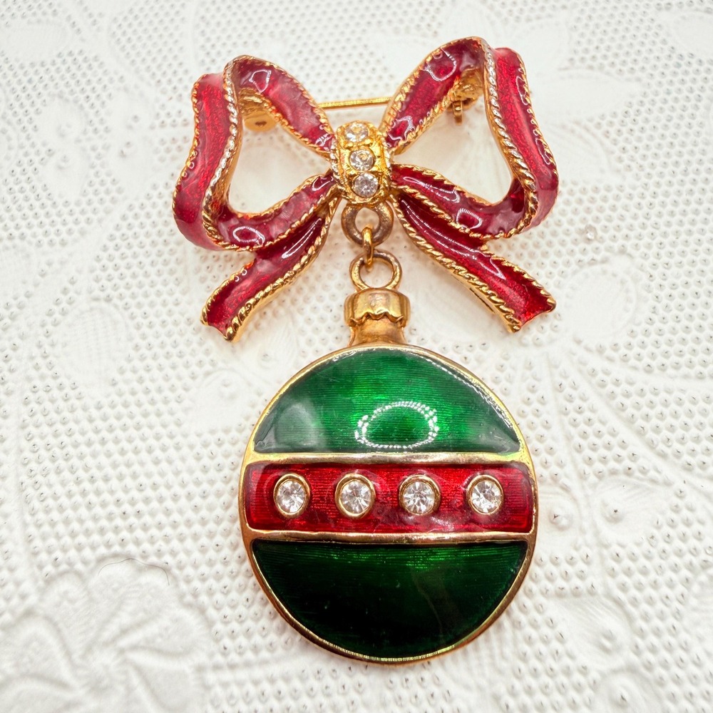 Vintage LIA Christmas Enamel & Rhinestone Ornament Dangling Gold Tone Brooch